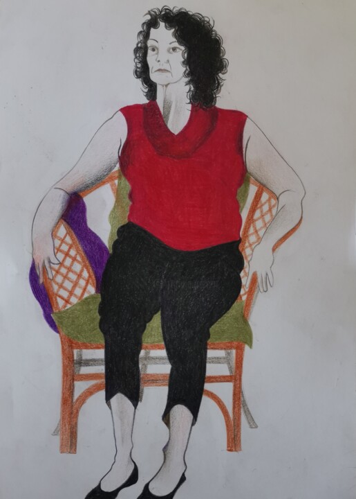 Disegno intitolato "Woman in red top. s…" da Lynda Stevens, Opera d'arte originale, Matita