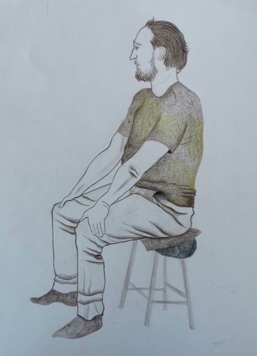 Σχέδιο με τίτλο "Man, sitting" από Lynda Stevens, Αυθεντικά έργα τέχνης, Μολύβι