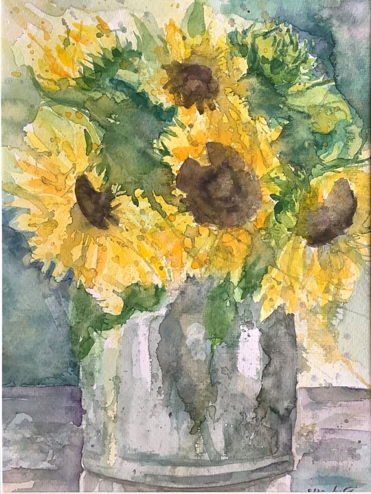 Peinture intitulée "Sonnenblumen im Ton…" par Lyndwoorm, Œuvre d'art originale, Aquarelle