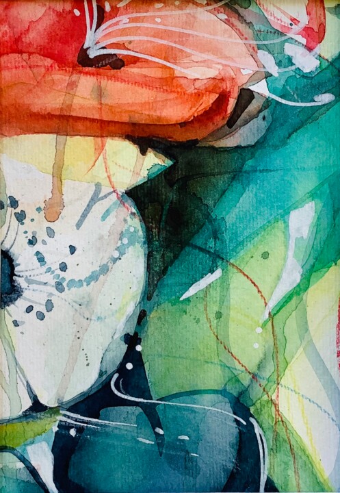 Malerei mit dem Titel "Abstrakte Blume" von Lyndwoorm, Original-Kunstwerk, Aquarell