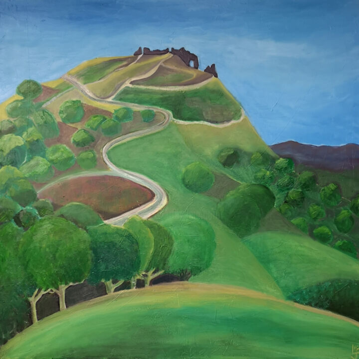 Painting titled "Castell Dinas Bran…" by Lynne D Field, Original Artwork, Oil