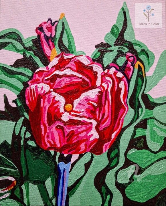 Painting titled "Pink Tulip" by Lynne Flores, Original Artwork, Acrylic