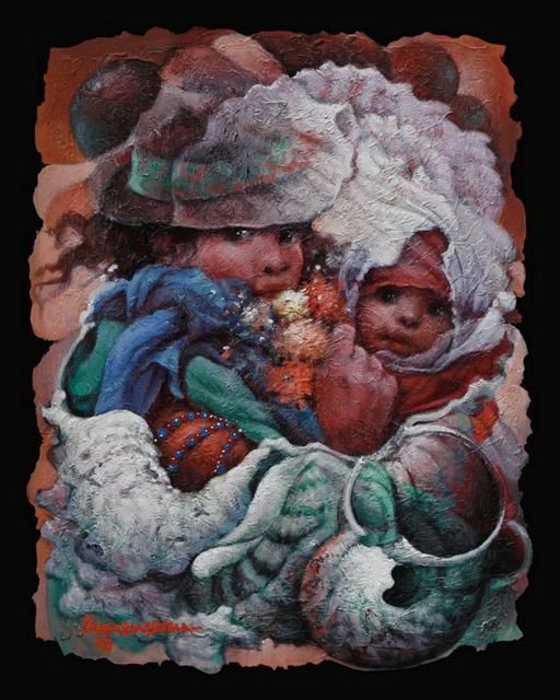 Painting titled "MERE ET ENFANT" by Lyonel Laurenceau, Original Artwork, Oil