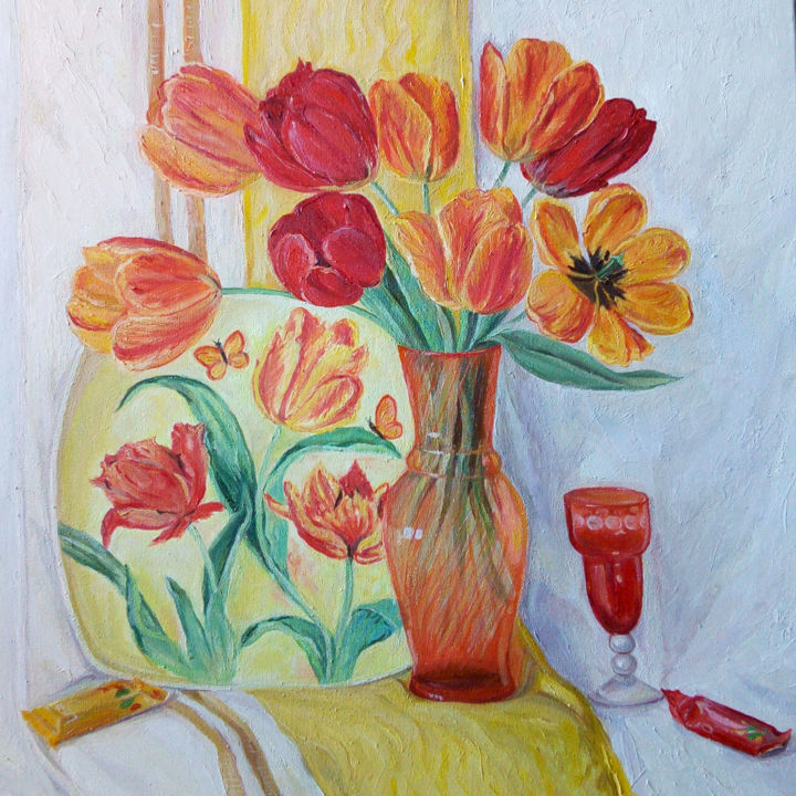 Painting titled "Tulips are everywhe…" by Liudmila Petrosian, Original Artwork, Oil
