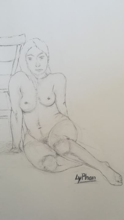 Drawing titled "Femme assise de face" by Lyphan, Original Artwork, Charcoal