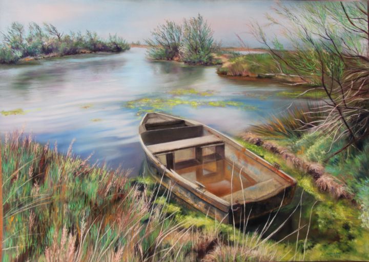 Painting titled ""La barque de la pe…" by Lysiane Lagauzere, Original Artwork, Pastel