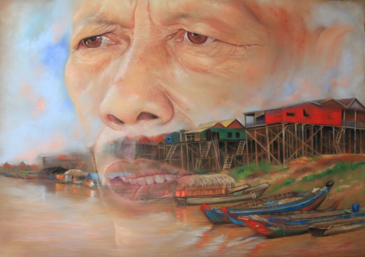 Картина под названием ""Regard Cambodgien"" - Lysiane Lagauzere, Подлинное произведение искусства, Пастель