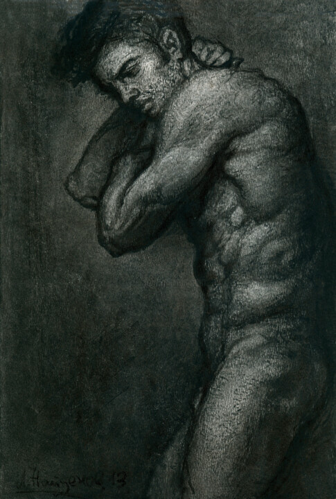 제목이 "Male nude V"인 그림 Lyubomir Naydenov로, 원작, 숯