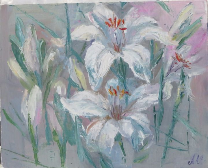 Painting titled "Two white lilies" by Lyudmila Aytuarova, Original Artwork, Oil