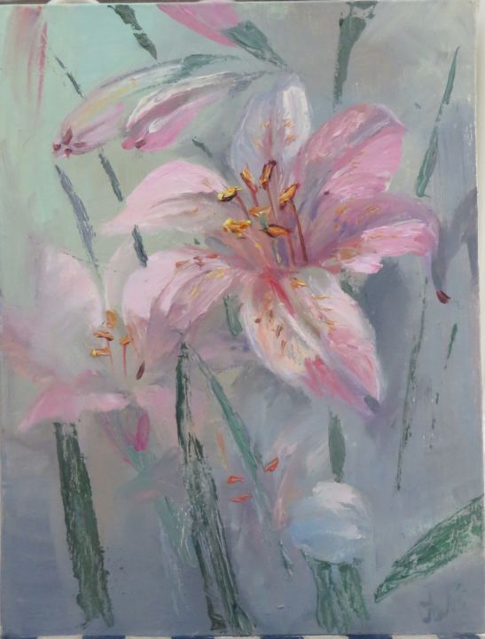 Painting titled "Pink on gray" by Lyudmila Aytuarova, Original Artwork, Oil