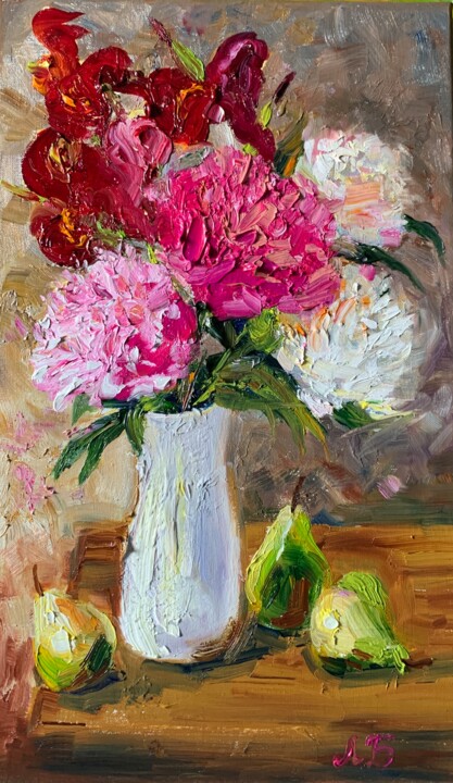 Painting titled "Pink flowers" by Lyudmila Bezuglaya, Original Artwork, Oil Mounted on Wood Stretcher frame