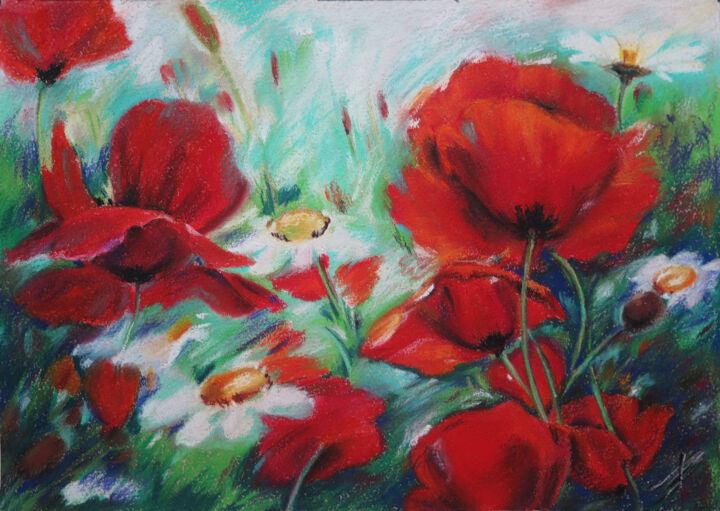 Painting titled "Poppies and chamomi…" by Lyudmila Chupina, Original Artwork, Pastel