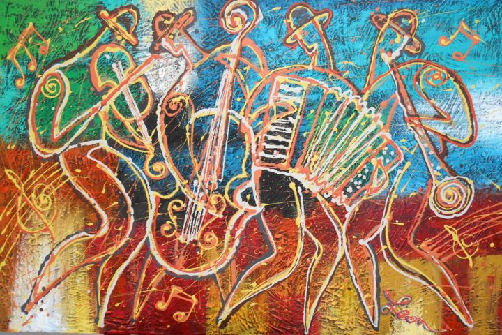 Peinture intitulée "Klezmer Music Band" par Leon Zernitsky, Œuvre d'art originale, Acrylique