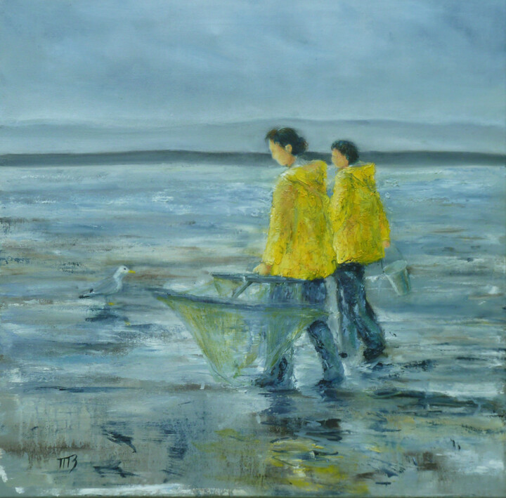 Painting titled "Retour de pêche à p…" by M Batté Gauthier (M B), Original Artwork, Oil