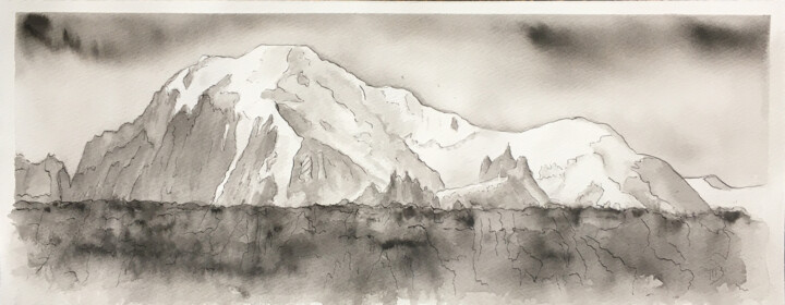 Peinture intitulée "Mont Blanc au delà…" par M Batté Gauthier (M B), Œuvre d'art originale, Encre