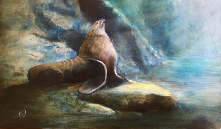 Peinture intitulée "Lion de mer" par M Batté Gauthier (M B), Œuvre d'art originale, Huile