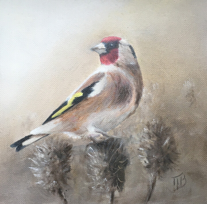 Painting titled "Goldfinch with 3 ca…" by M Batté Gauthier (M B), Original Artwork, Oil