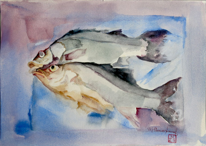 Pintura intitulada "Signo de Peixes I" por M.Clarice Sarraf, Obras de arte originais, Aquarela