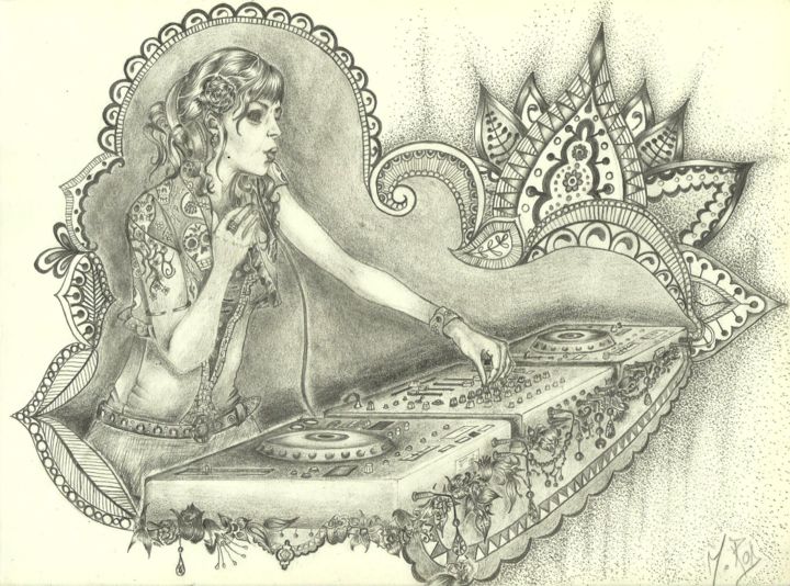 Disegno intitolato "Dj Miss Tick" da Marie Combas, Opera d'arte originale, Matita