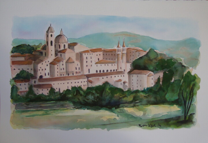Pittura intitolato "Urbino-vista-dalla-…" da M.D-Agostino, Opera d'arte originale, Acquarello
