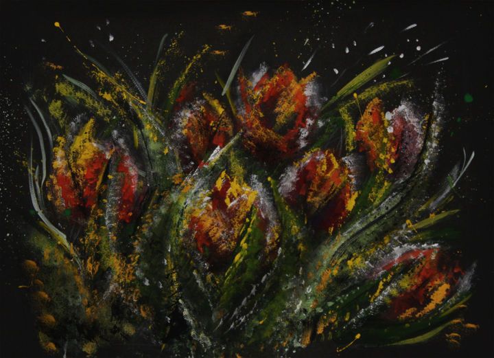Картина под названием "flowers and night -…" - Мария Яковлева, Подлинное произведение искусства, Акрил