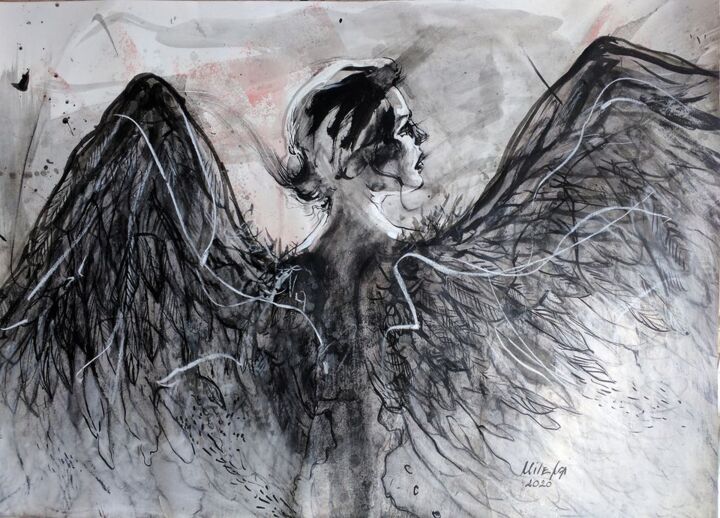 Drawing titled "Wings" by Milena Dimitrova, Original Artwork, Charcoal