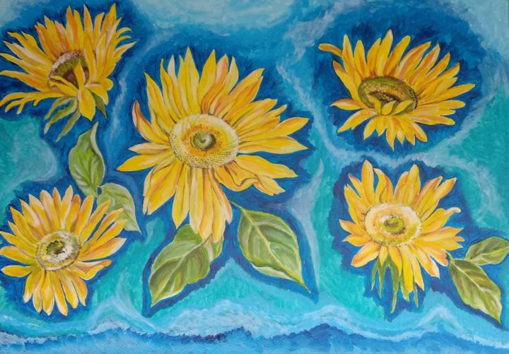 Painting titled "Sunflowers on the w…" by Liudmila Matrosova, Original Artwork