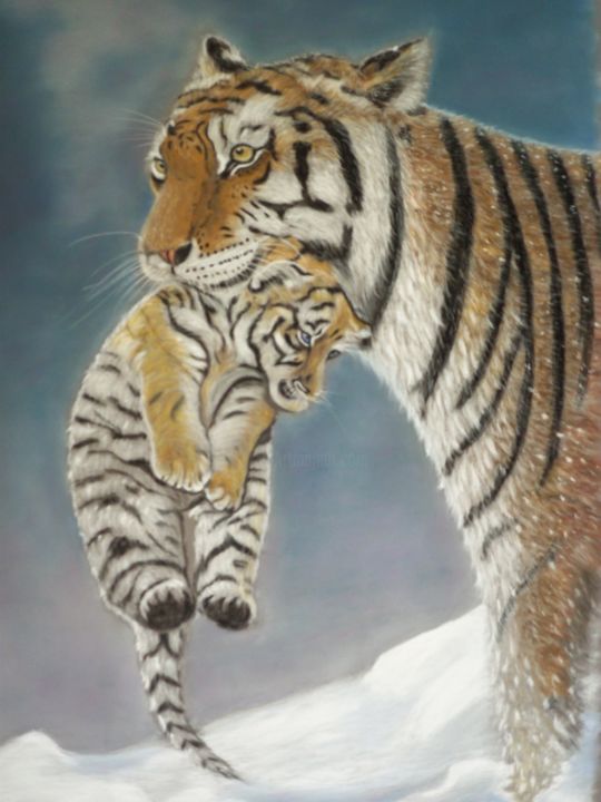 Картина под названием "Maman tigre et son…" - Portraits Animaliers, Подлинное произведение искусства, Пастель