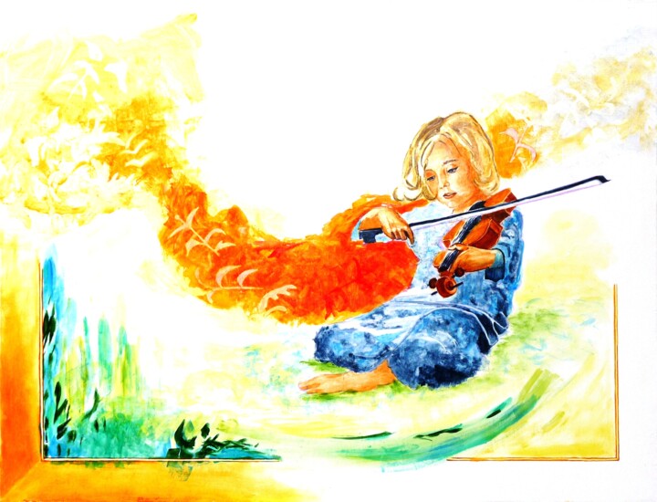 Painting titled "L'enfant au violon" by M.Ou Mme Rajot Jean Louis, Original Artwork, Oil