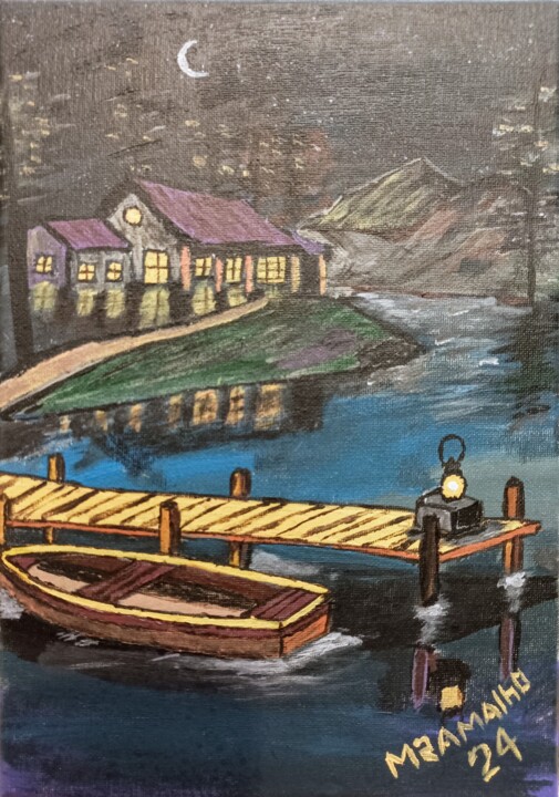 Painting titled "A Noite no Lago" by M Ramalho, Original Artwork, Acrylic Mounted on Wood Stretcher frame