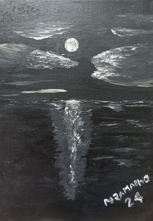 Painting titled "Luar no Mar Adriáti…" by M Ramalho, Original Artwork, Acrylic Mounted on Wood Stretcher frame