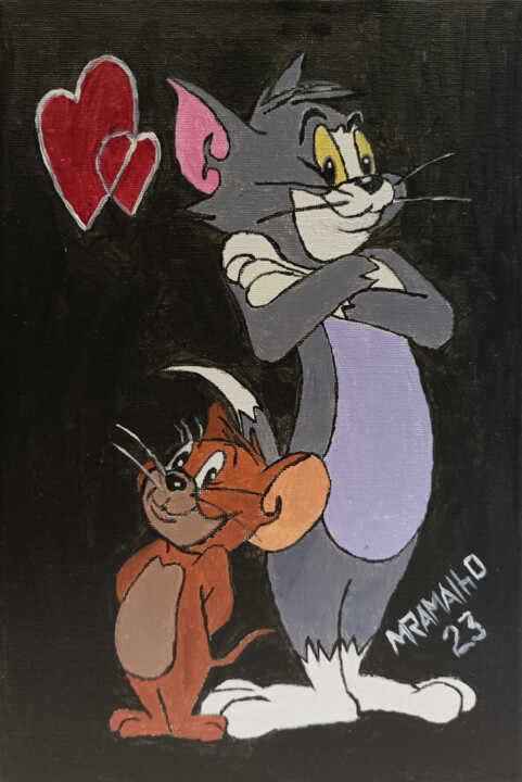 Painting titled "Tom e Jerry" by M Ramalho, Original Artwork, Acrylic Mounted on Wood Stretcher frame