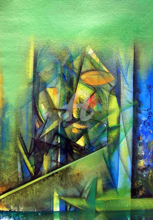 Painting titled "Abstract Faces VII" by M. Singh, Original Artwork, Oil