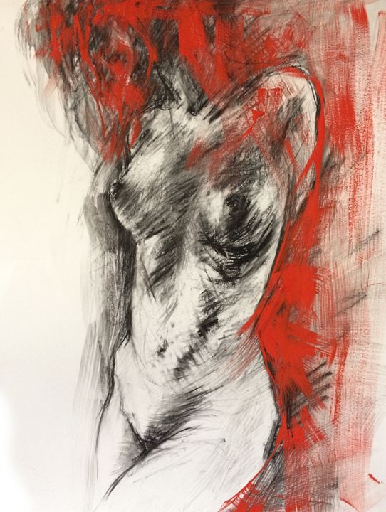 「Mujer en Rojo」というタイトルの描画 Magdalena Weberによって, オリジナルのアートワーク, 木炭