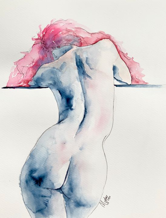 Painting titled "Nude in  blue" by Magdalena Weber, Original Artwork, Watercolor