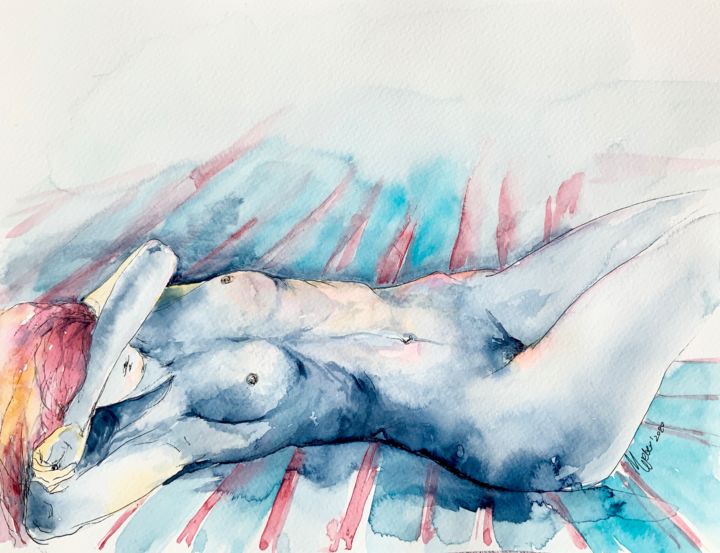 Painting titled "Nude in blue" by Magdalena Weber, Original Artwork, Watercolor