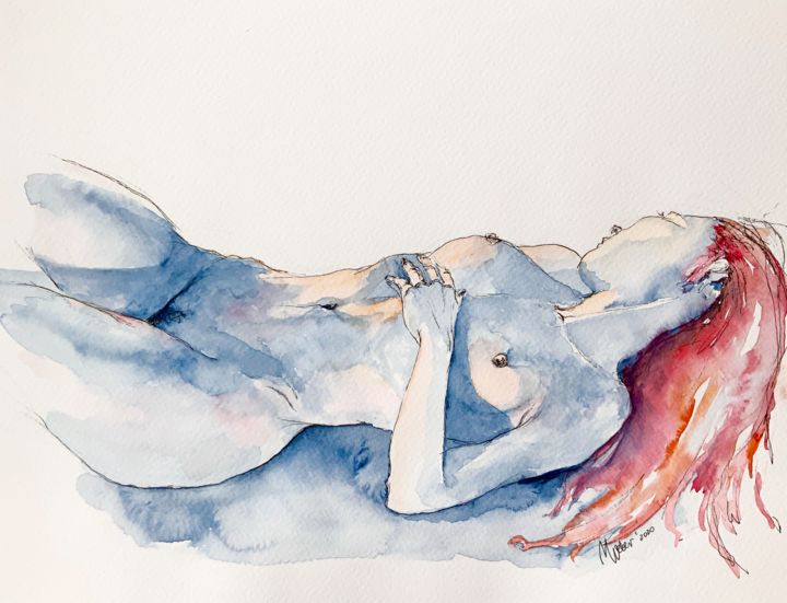 Painting titled "Nude in  blue" by Magdalena Weber, Original Artwork, Watercolor