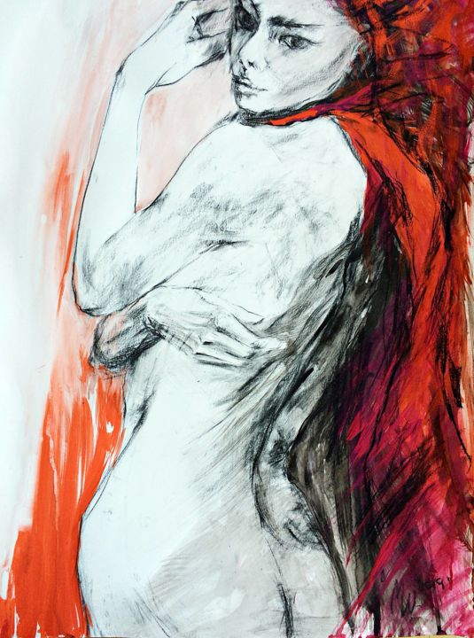 Drawing titled "Nude  woman in red" by Magdalena Weber, Original Artwork, Charcoal