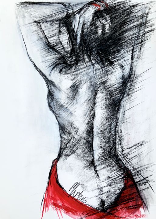 Painting titled "Nude in Red" by Magdalena Weber, Original Artwork, Charcoal