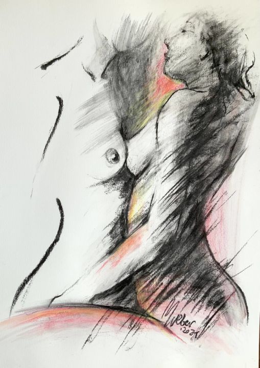 Drawing titled "Women Couple Hug" by Magdalena Weber, Original Artwork, Charcoal