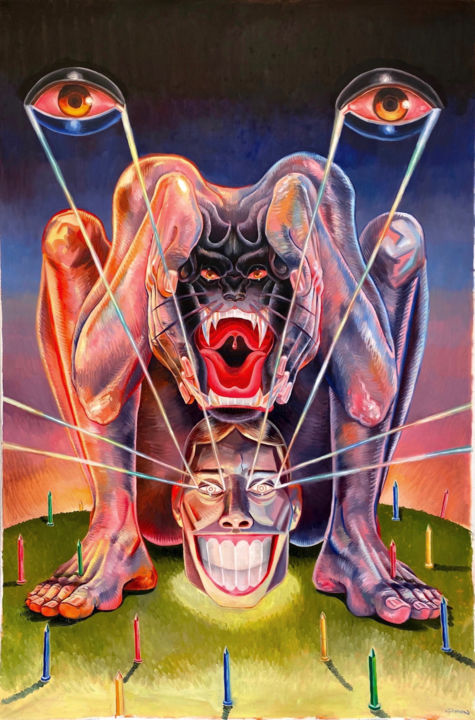 Peinture intitulée "Panther in humanity" par Chanin Intoora, Œuvre d'art originale, Huile Monté sur Autre panneau rigide