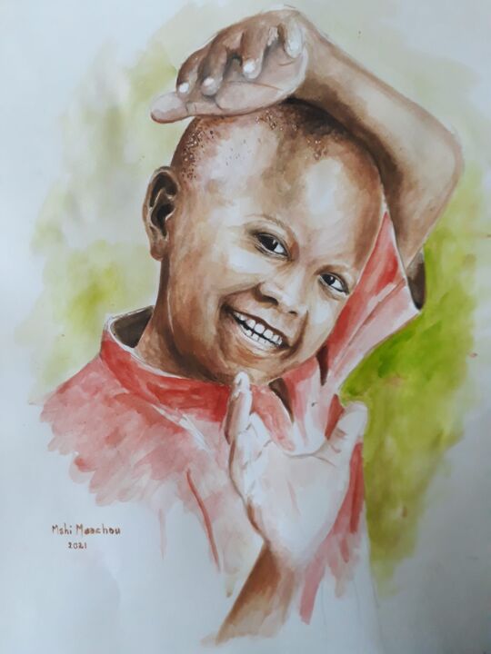 Painting titled "enfant" by Maachou Mahi, Original Artwork, Watercolor