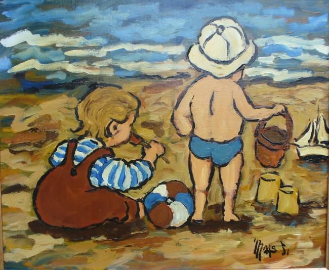 Painting titled "Scène de plage" by Maas, Original Artwork