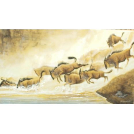 Картина под названием "Wildebeest migratio…" - Herman Kahoi, Подлинное произведение искусства