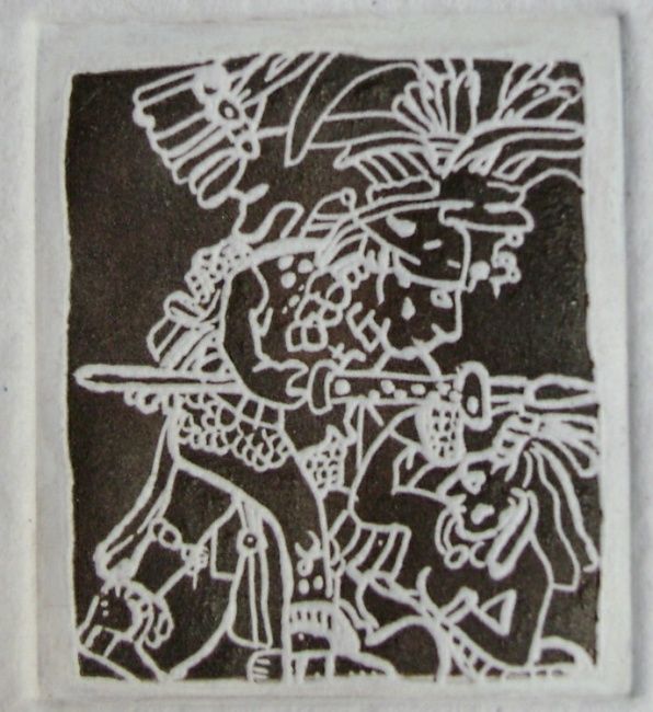 Druckgrafik mit dem Titel "Guerrero Maya" von José Manuel Alvarado Cárdenas, Original-Kunstwerk, Gravur