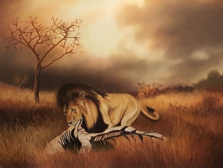 Painting titled "Lion kill.jpg" by Barry Davis, Original Artwork, Pastel