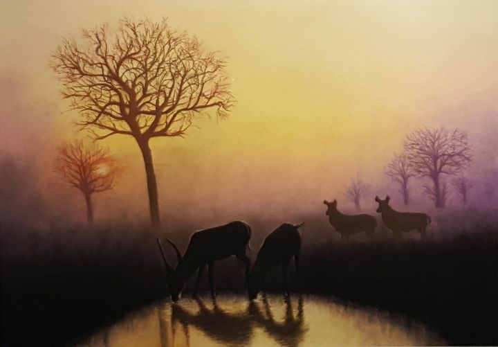 Painting titled "Buck at waterhole" by Barry Davis, Original Artwork, Pastel