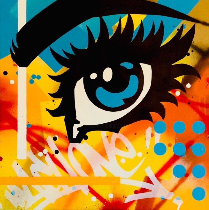 Painting titled "One eye on..." by Mach-One, Original Artwork, Spray paint Mounted on Wood Stretcher frame
