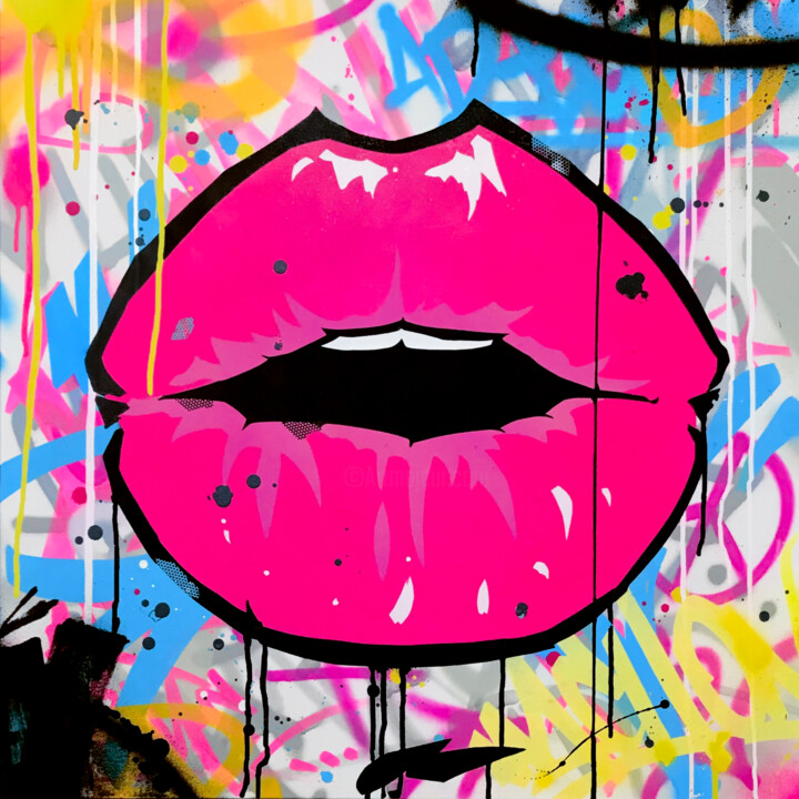 Malerei mit dem Titel "Luscious - Lips" von Mach-One, Original-Kunstwerk, Sprühfarbe Auf Keilrahmen aus Holz montiert