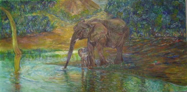 Painting titled "Elefantes - 001" by Machado Dos Santos, Original Artwork